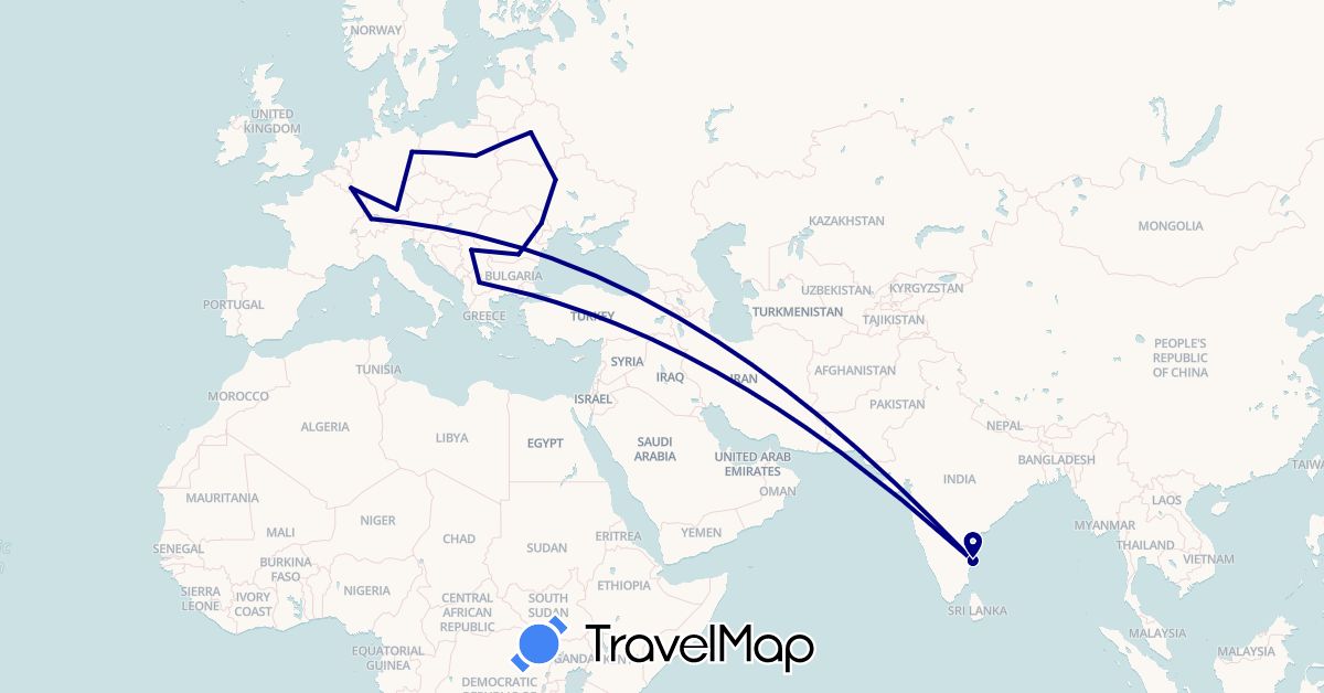 TravelMap itinerary: driving in Belarus, Switzerland, Germany, India, Luxembourg, Moldova, Macedonia, Poland, Romania, Serbia, Ukraine (Asia, Europe)